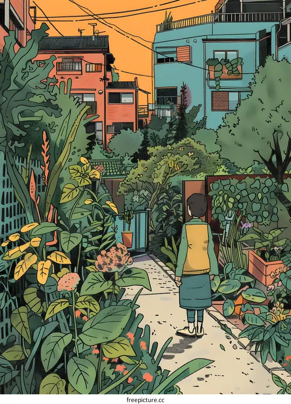 Backyard Illustration with Single Person in City Setting