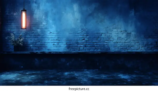 Moody Blue Brick Wall Interior Scene with Pendant Light