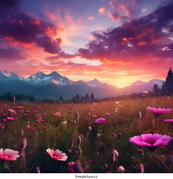 Field of flowers with mountains in the distance