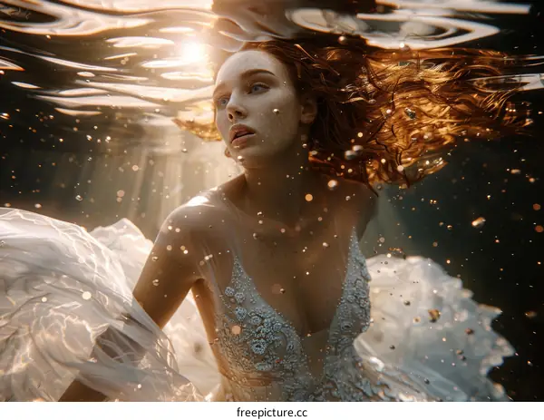 A woman in a white dress swims underwater with her eyes open