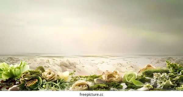 Beautiful Floral Arrangement With Green Foliage and Seashells On A Sandy Beach