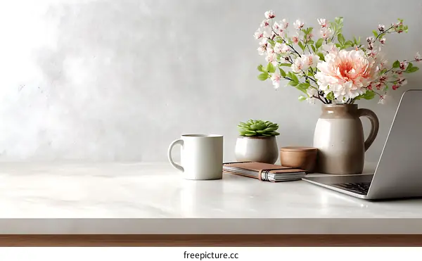 Modern Minimalist Workspace Setting with Flowers and Laptop