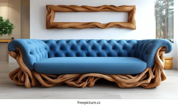 Unique Wooden Sofa with Blue Upholstery