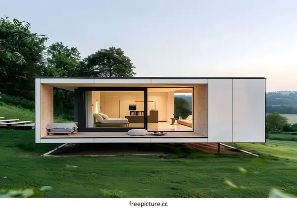 Modern Minimalist House with Large Windows and a Wooden Deck