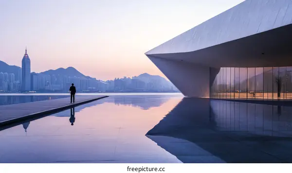 Modern Architecture by the River at Dawn with a Man