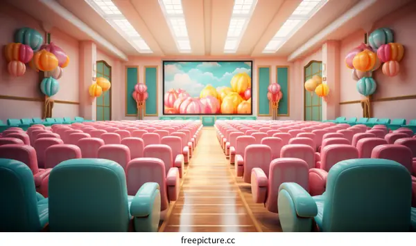 An illustration of an empty theater with pink and blue seats and a large screen showing a blue sky with clouds