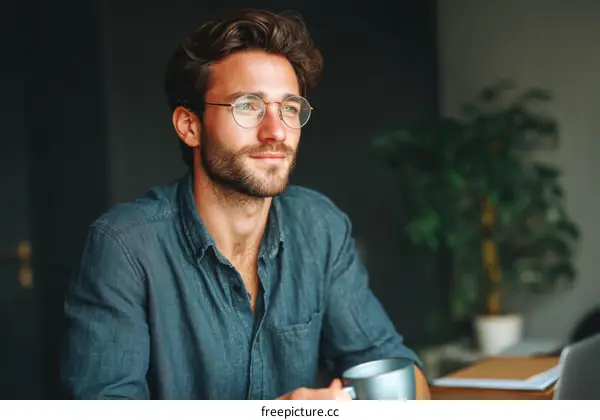 Thoughtful Man with Glasses and Coffee Cup
