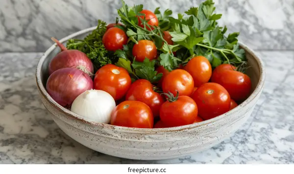 A bowl of tomatoes, onions, and parsley