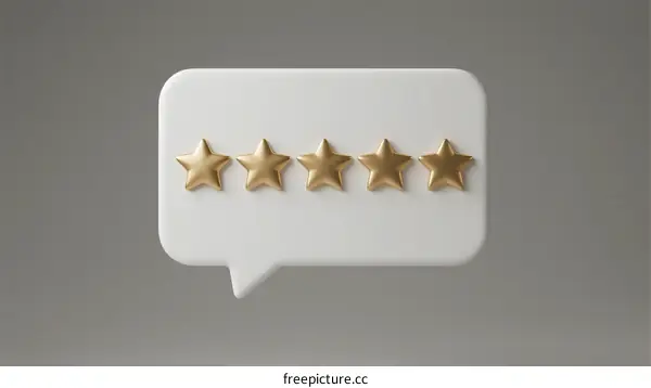 Five golden stars in white speech bubble representing high rating