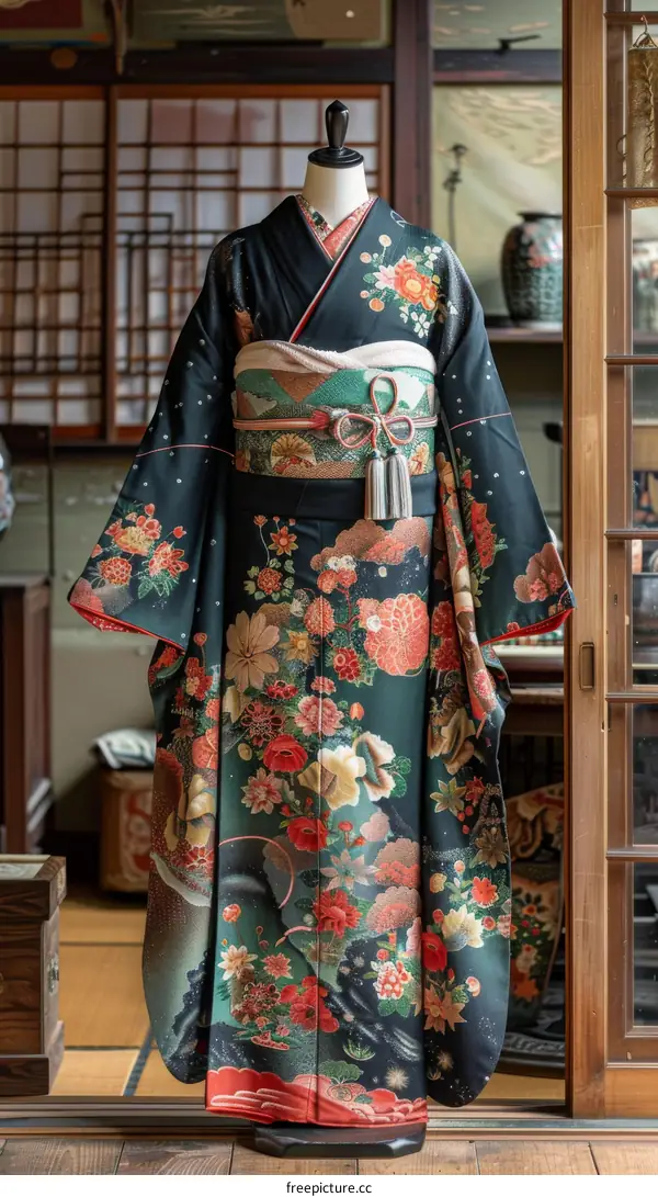 A kimono with a floral pattern and a woman wearing it