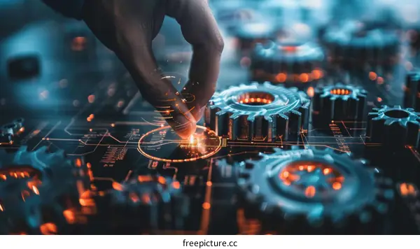 Hand interacting with a digital interface of glowing orange gears.