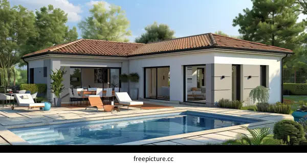 Modern House with Swimming Pool and Landscaped Backyard