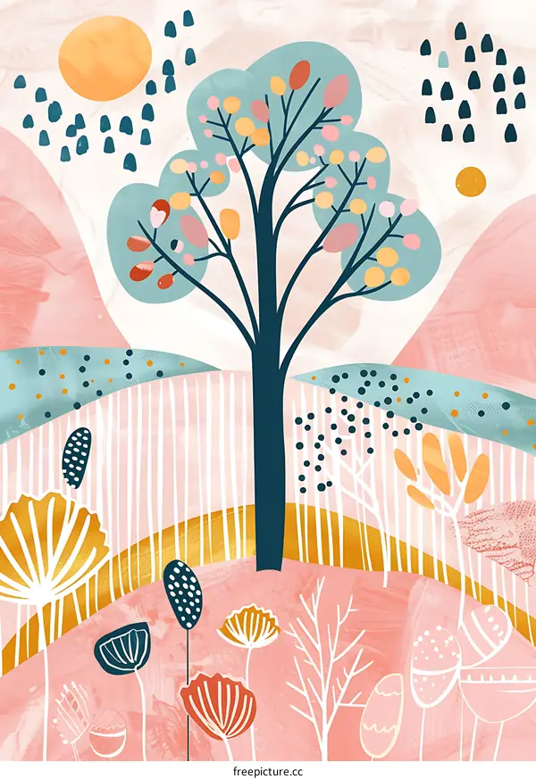 Abstract Tree in Pink Landscape Illustration