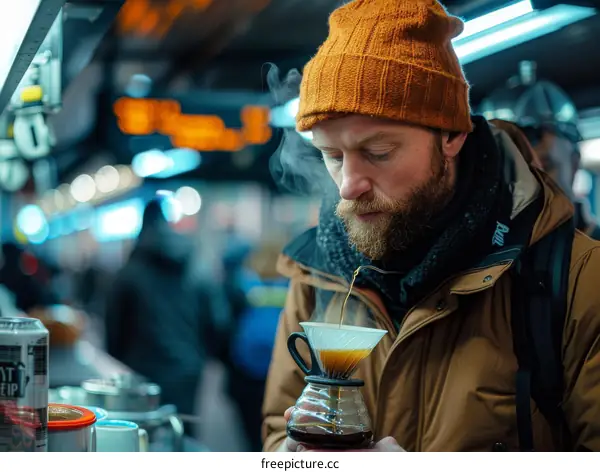 Bearded man making pour over coffee in the city