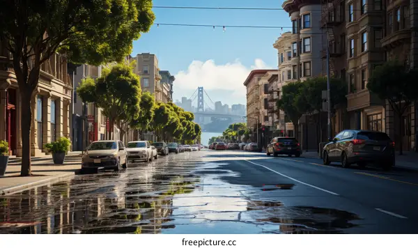 City street with bridge in the distance
