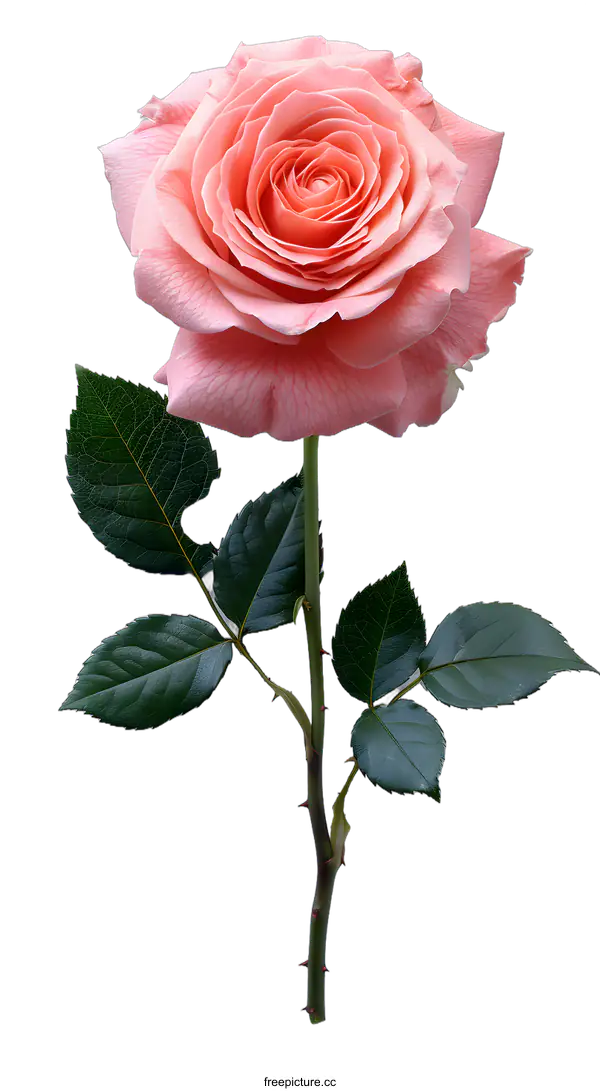 [Transparent Background PNG]Single Pink Rose with Green Leaves on a White Background