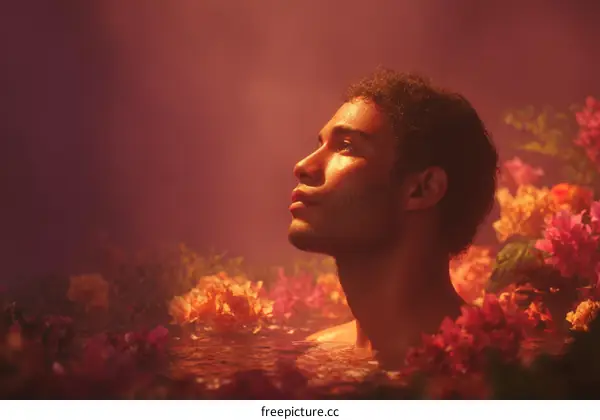 A Man Surrounded by Flowers in a Floral Bath