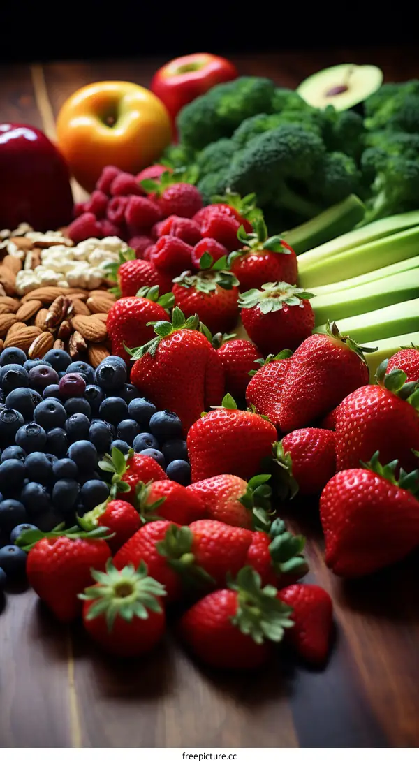 A variety of fresh fruits and vegetables on a wooden table, ready to eat.