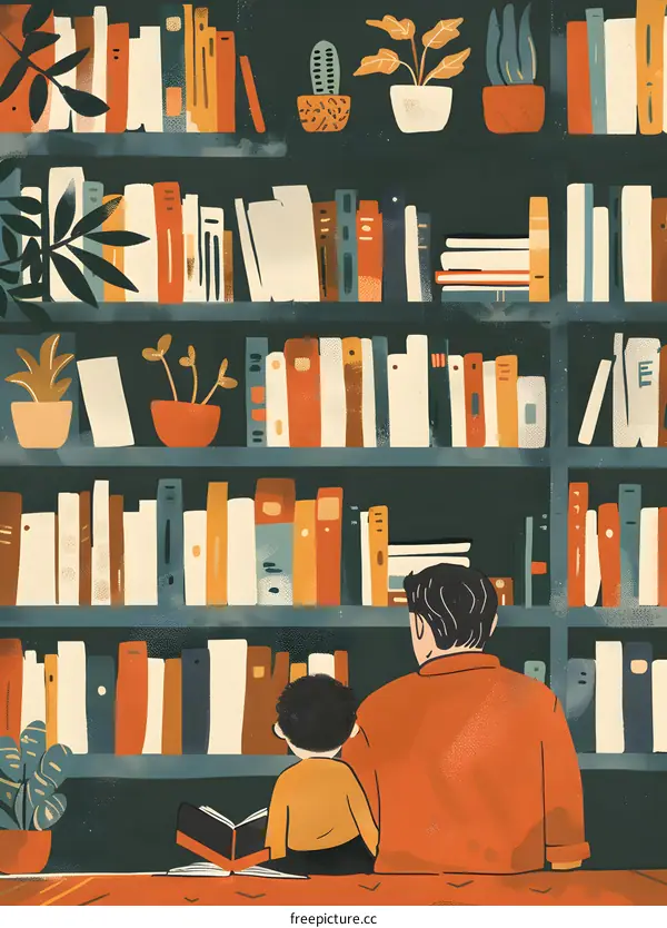 Father and Son Reading Books in a Library
