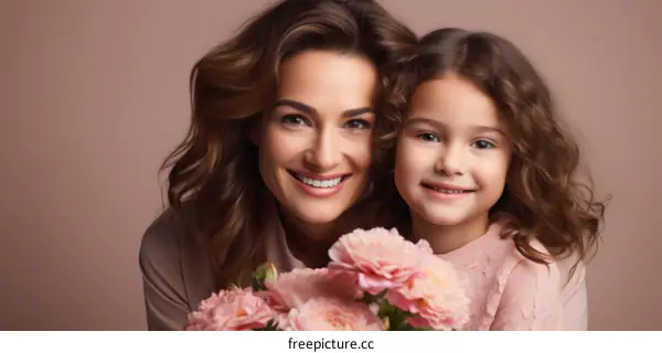 A mother and her daughter are smiling and holding a bouquet of flowers.
