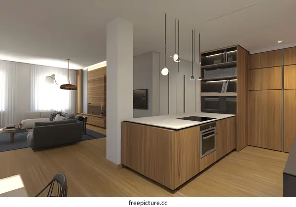 Modern Kitchen Interior Design with Wooden Cabinets and White Countertop