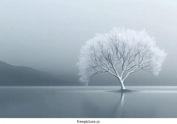 Single Tree Standing in Foggy Lake
