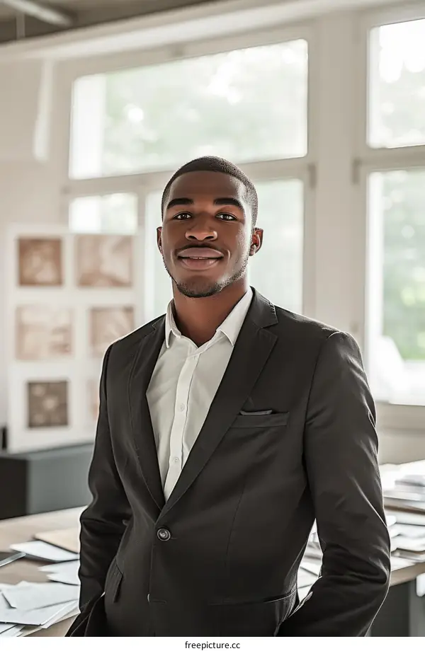 Portrait of a young African-American businessman smiling in an office