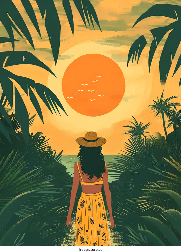 Woman in Yellow Dress Looking at Sunset Over Tropical Ocean