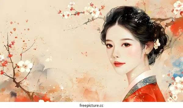 A beautiful Chinese woman in traditional dress with a peach blossom hairpin.