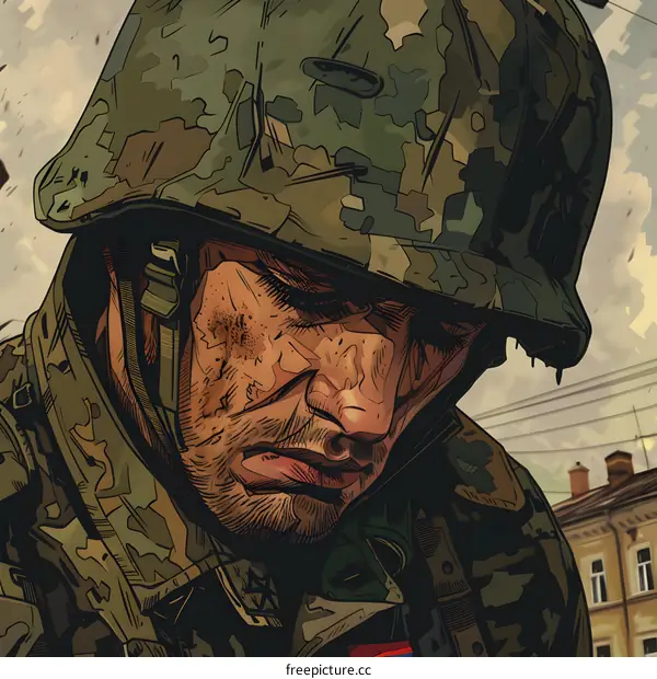 A soldier wearing a camouflage helmet looks down with a sad expression on his face