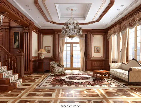 Elegant Living Room Interior Design With Wooden Walls and Chandelier