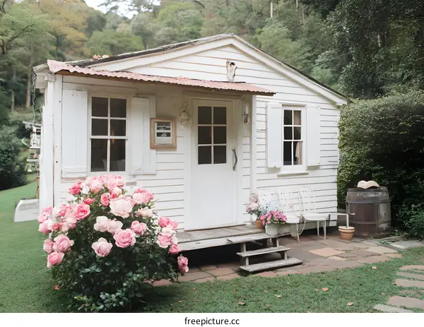White Cottage with Pink Roses and Wooden Steps