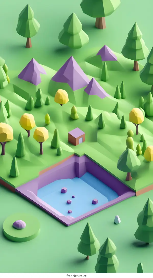 Low Poly 3D Illustration of a Green Landscape with a Pond