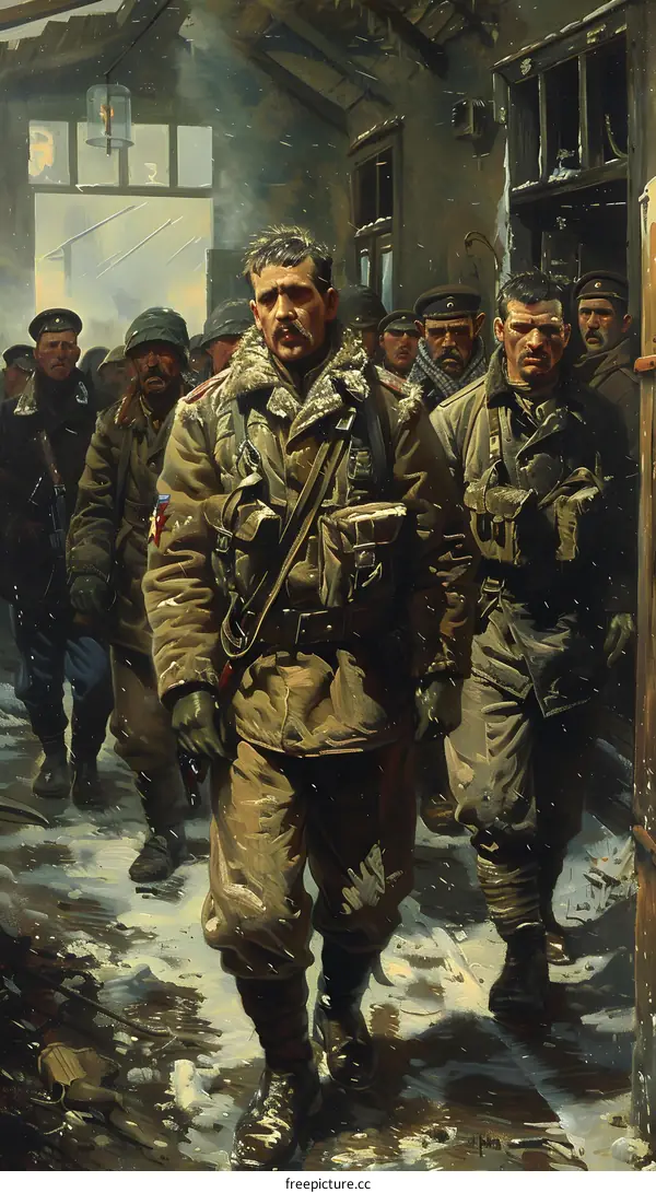 A group of soldiers in winter gear walking through a destroyed city