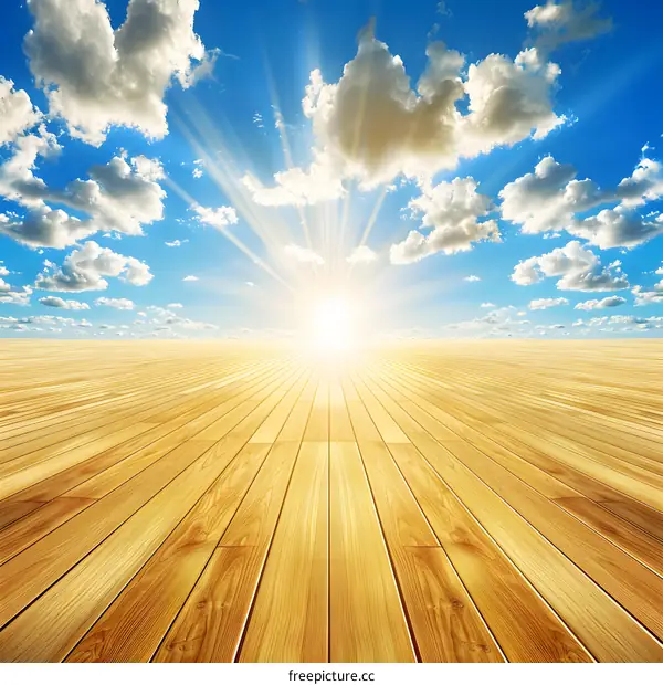 Wooden Floor With Blue Sky And Sunlight