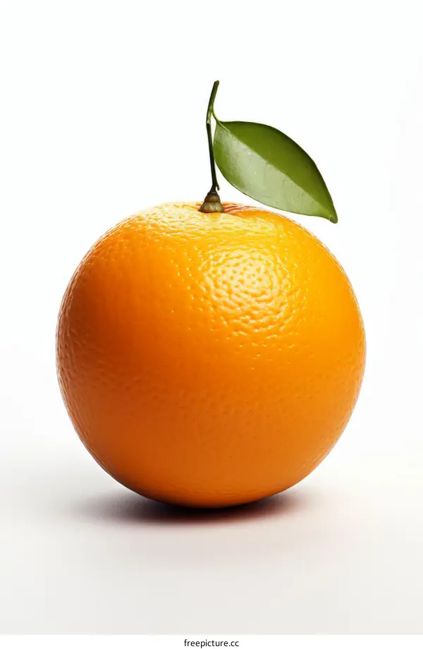 Single orange fruit with stem and leaf