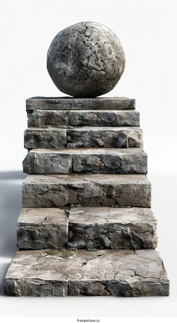 Ancient Stone Steps with a Large Round Stone
