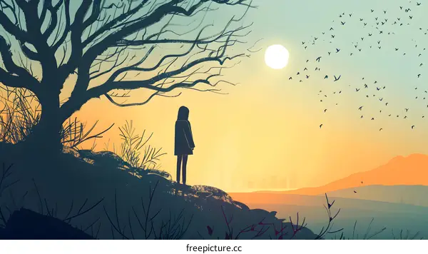 Silhouette of a Woman Standing on a Hilltop at Sunset with Birds Flying in the Sky