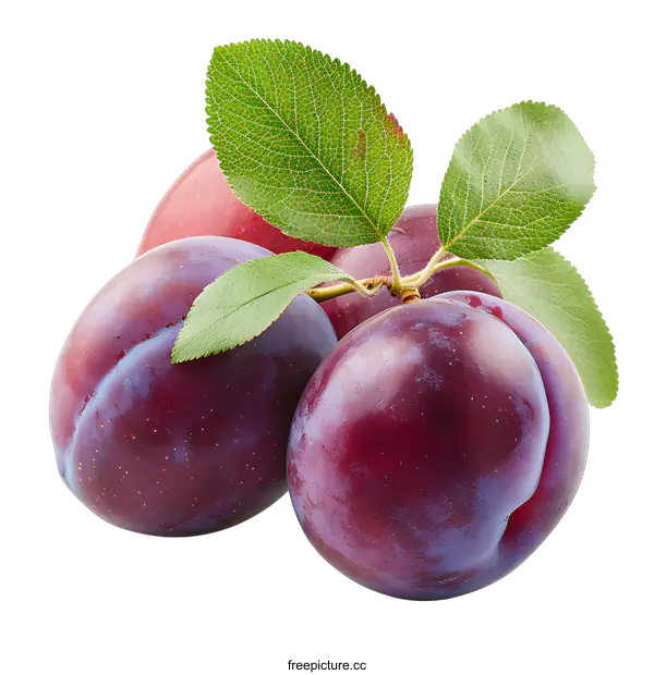 [Transparent Background PNG]Three ripe plums with leaves