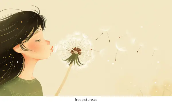 A Little Girl Blowing Dandelion Seeds in a Field