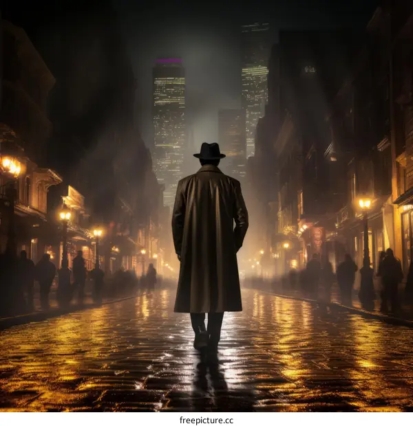 A lone figure in a hat and coat walks down a wet city street at night