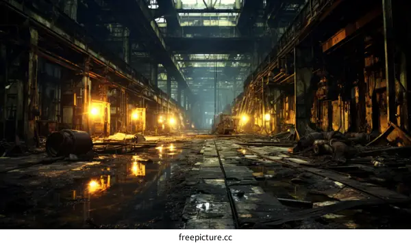 Abandoned rusty factory building with broken windows and puddles