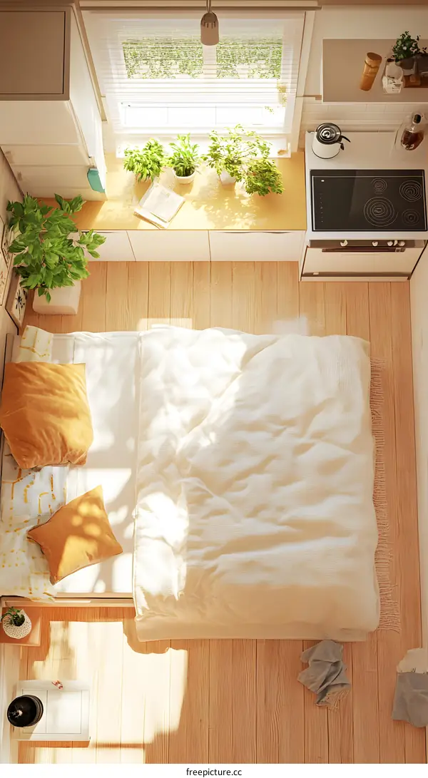Minimalist Bedroom Design with White Bed and Yellow Pillows