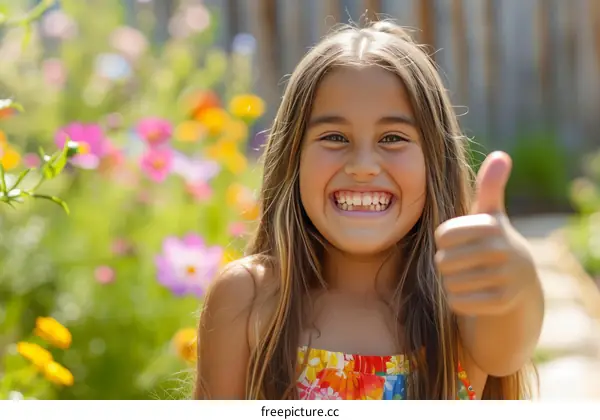 Little girl with long brown hair giving thumbs up in a garden full of colorful flowers