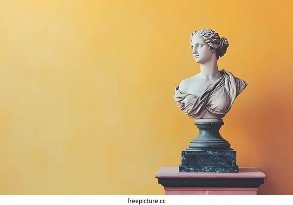 White Marble Statue of Woman Bust Against Yellow Wall