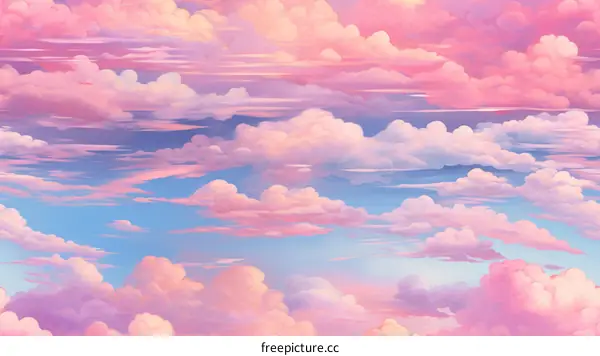 A beautiful painting of a pink and blue sky filled with fluffy clouds