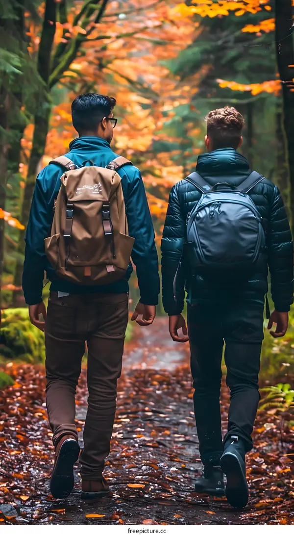 Two friends hiking in the woods