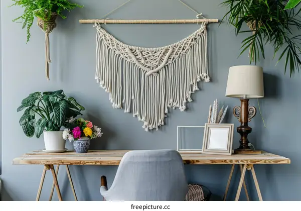 Home office desk with macrame wall hanging and plants