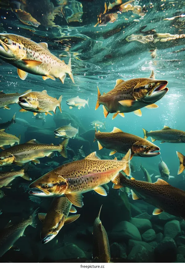 A large school of fish swim in a river