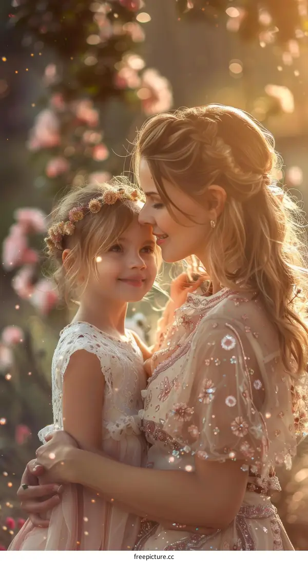 Mother and daughter in a loving embrace surrounded by a beautiful garden